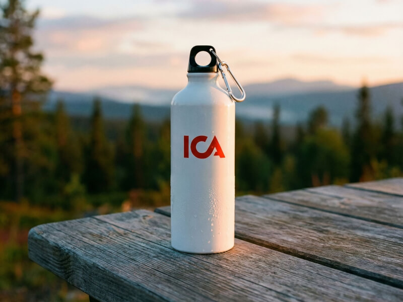 Vit metallflaska med ICA-tryck stående på ett träbord utomhus i skogsmiljö vid solnedgång