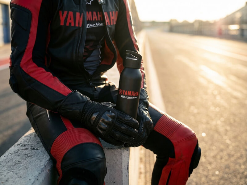 Motorcyklist i svartrött ställ sittande utomhus på en mur vid soluppgång eller solnedgång, hållandes en svart Yamaha stålvattenflaska